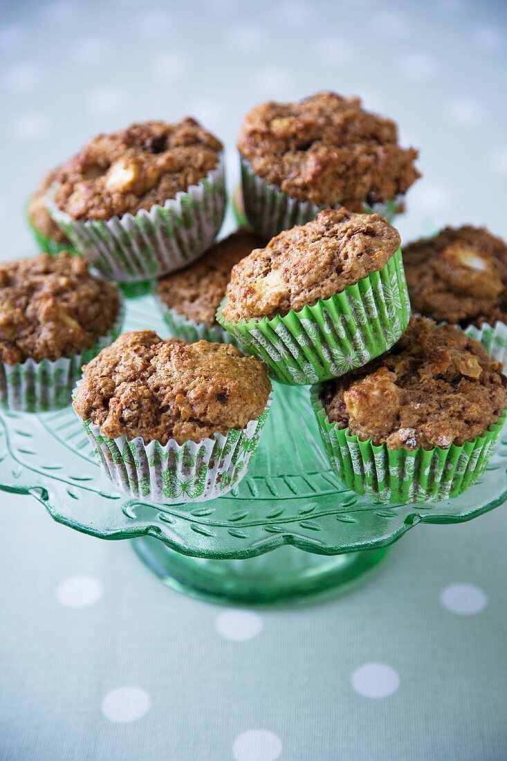 Apple Raisin Muffins on a Green Pedestal Dish