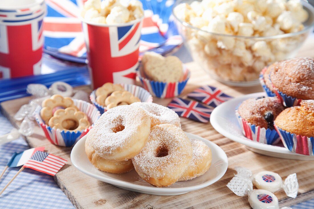 Cakes, popcorn and sweets for an international party