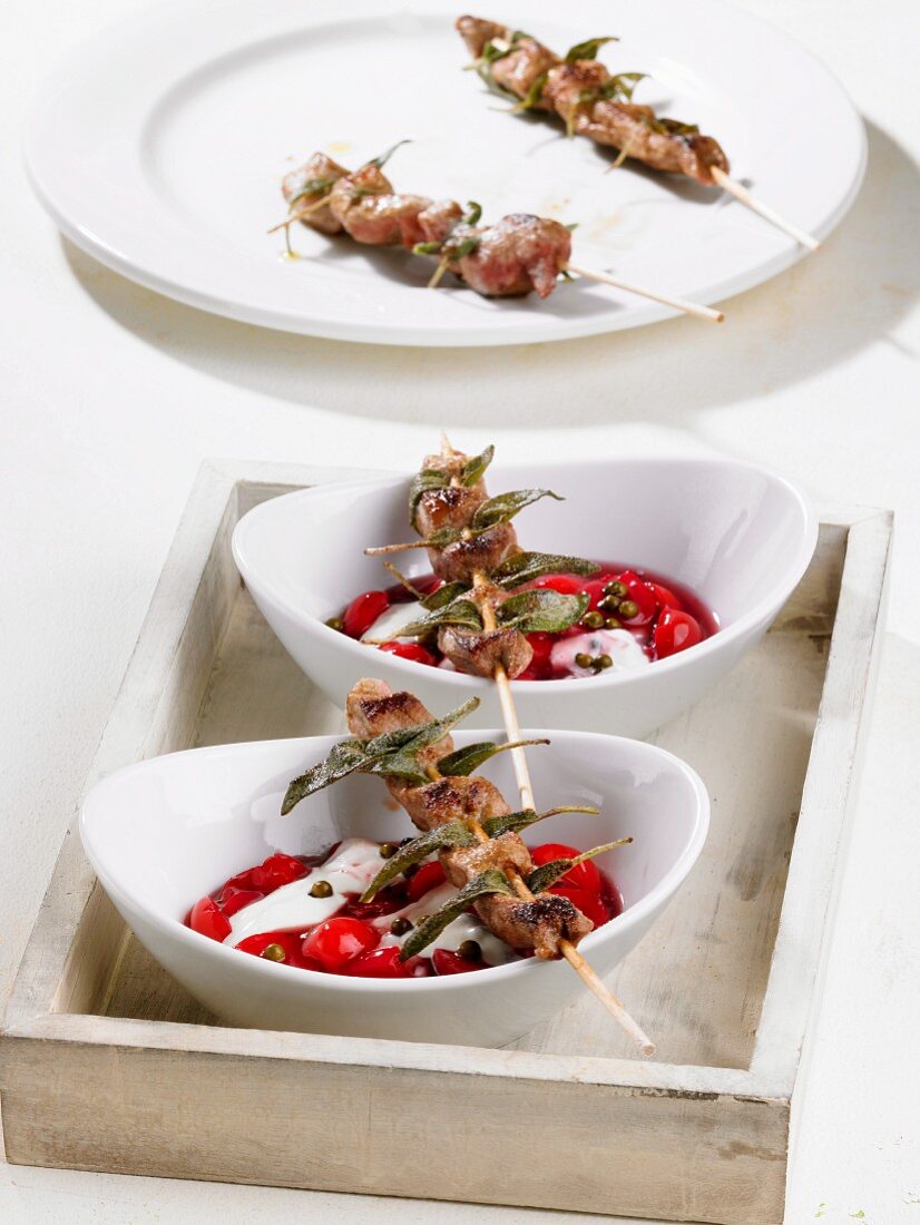 Veal liver kebabs with sage and cherry quark
