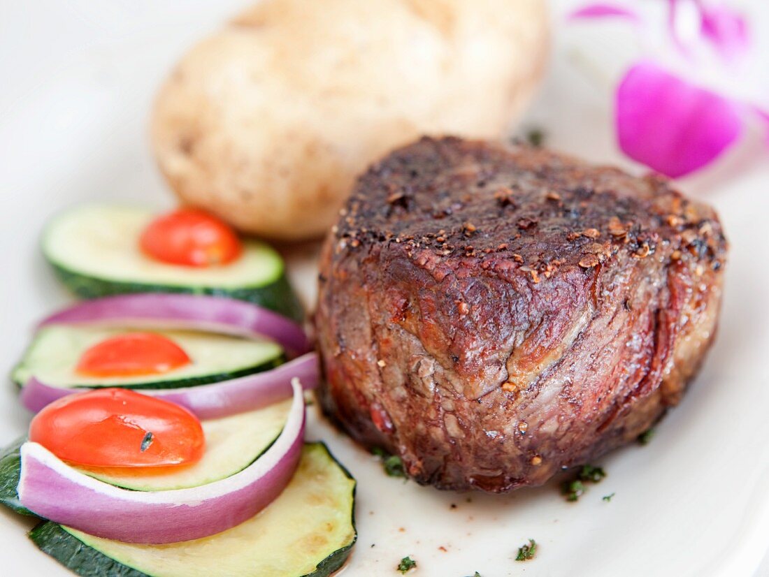 Barrel Cut Filet with Baked Potato and Veggies