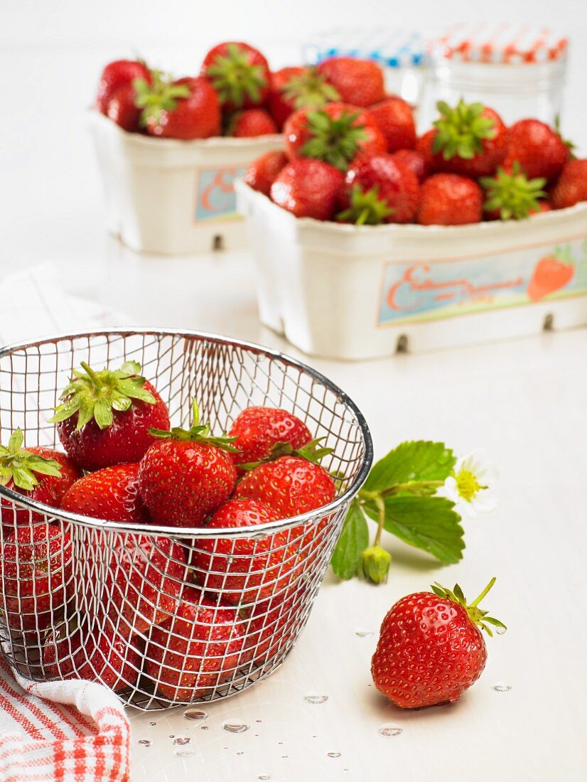 Fresh strawberries in a wire basket