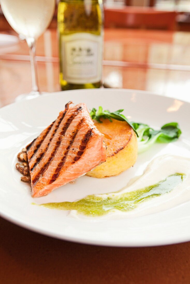Grilled Alaskan King Salmon with Polenta Cake and Grilled Lime Emulsion