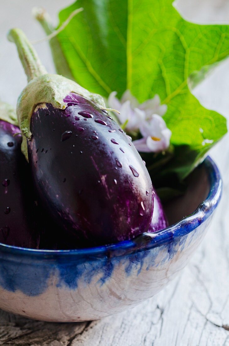 A bowl of freshly washed aubergines