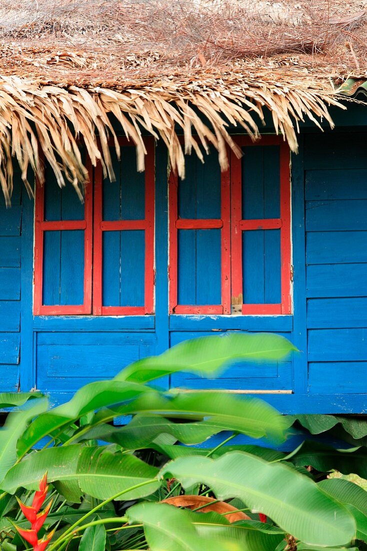 Blue-painted wooden hut with closed shutters and thatched roof