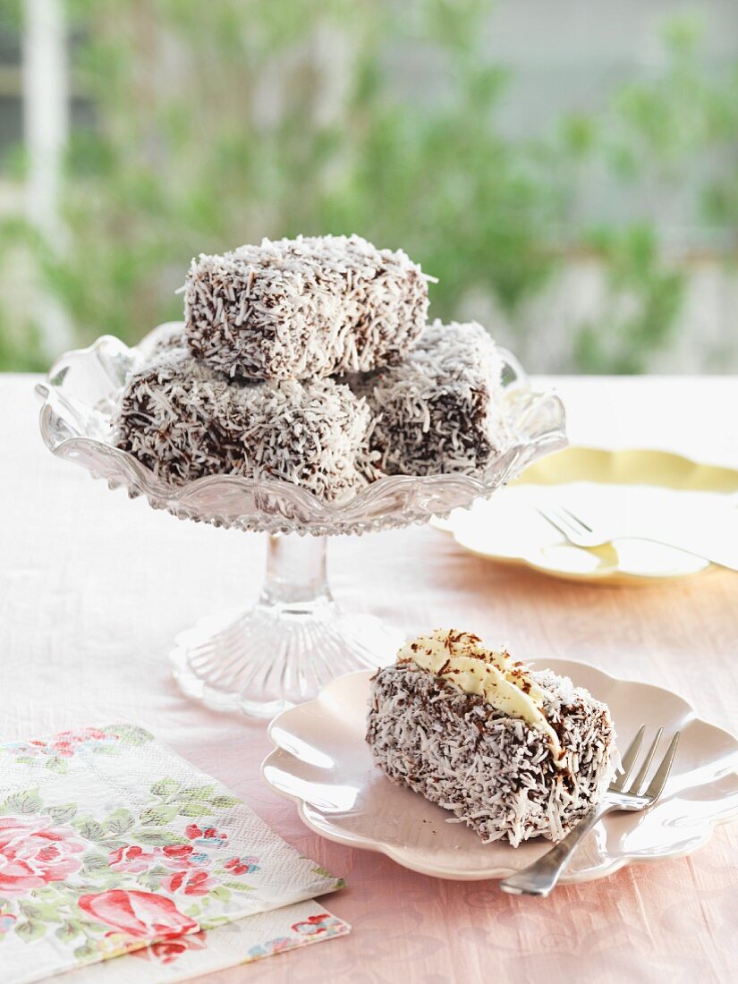 Lamingtons (cake with chocolate glaze and dessicated coconut)