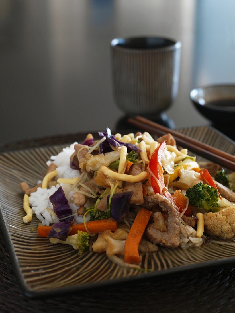 Pork with vegetables and rice (Asia)