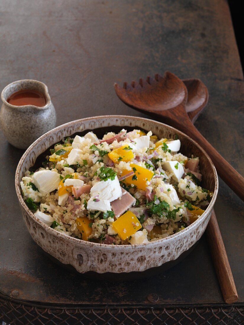 Quinoa salad with ham and feta cheese