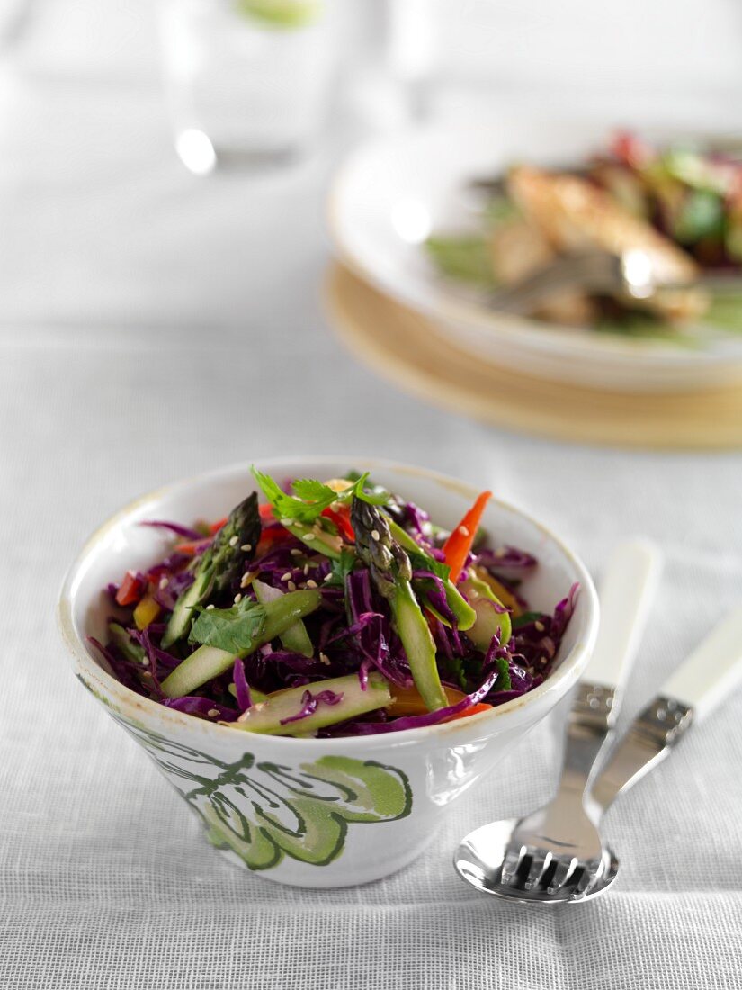Red cabbage salad with asparagus