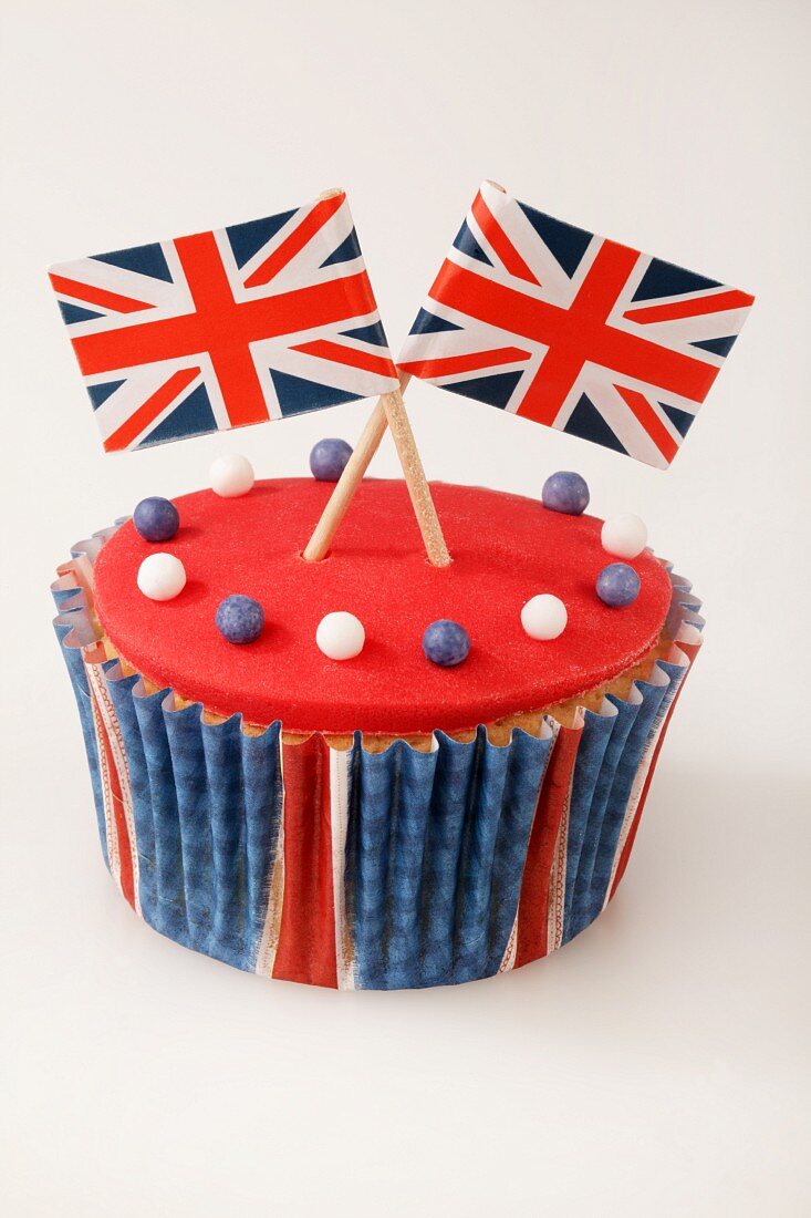 A cupcake decorated with Union Jacks