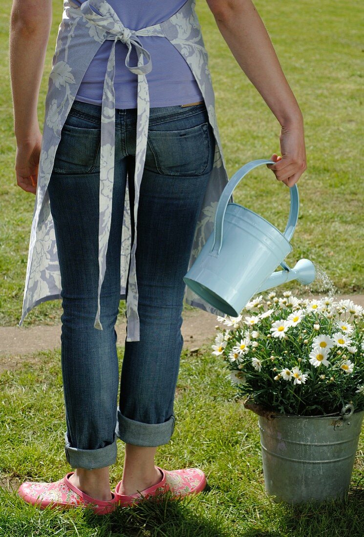 Woman in garden watering flowers