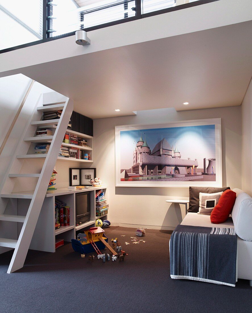 Playroom with sofa below mezzanine