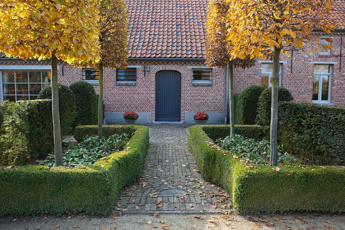 Garden with topiary trees and hedges in front of house with brick facade