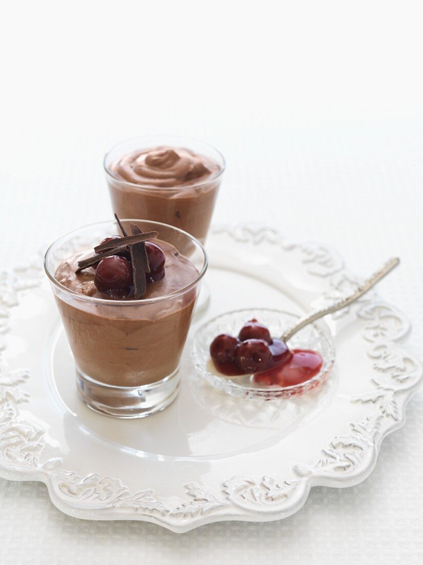 Mousse au chocolat with cherries