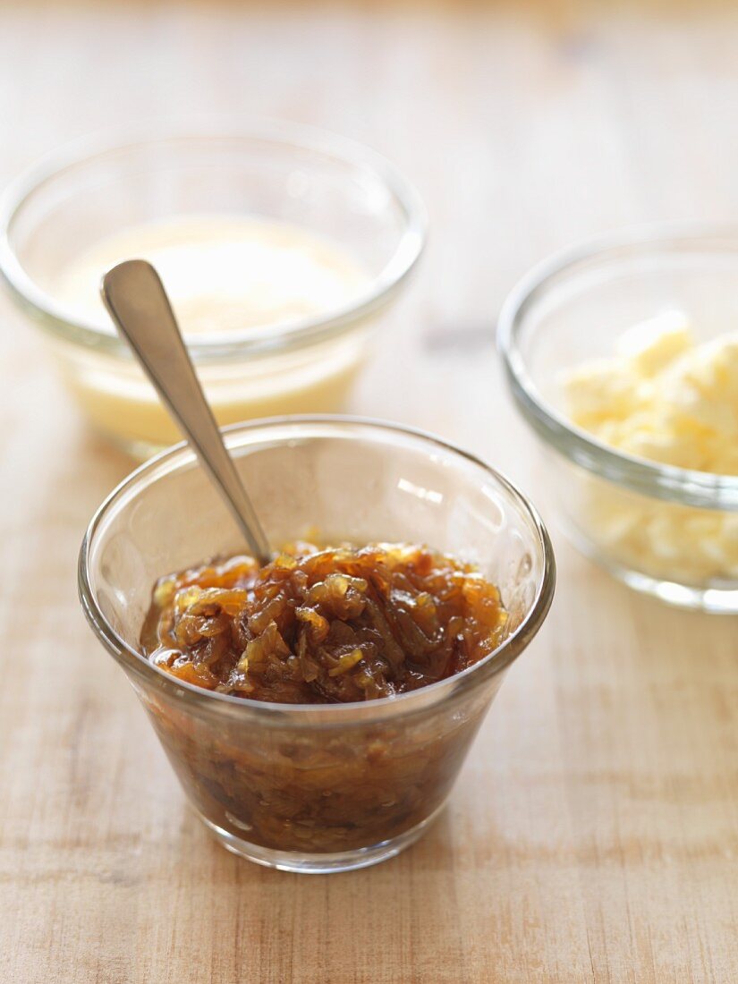 Caramelised onions in a glass bowl