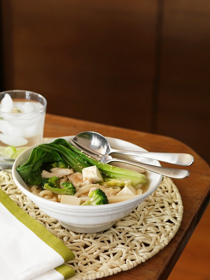 Miso soup with noodles, bok choy, tofu and broccoli