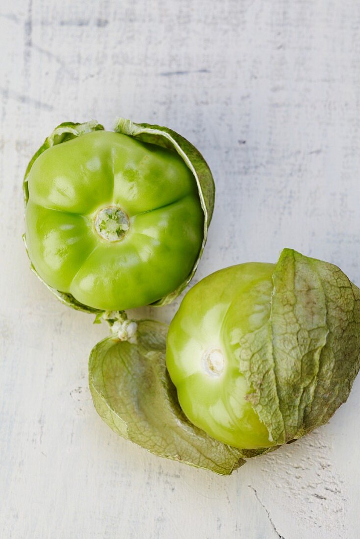 Two Tomatillos in Husks; From Above