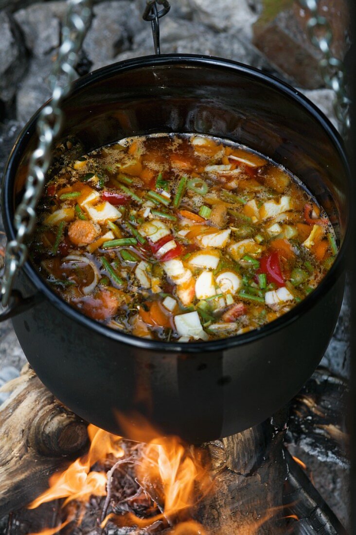 Vegetable soup in a cauldron over a camp fire