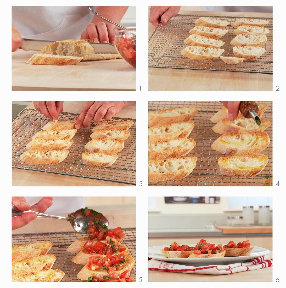 Bruschetta being prepared: bread slices being topped with tomatoes