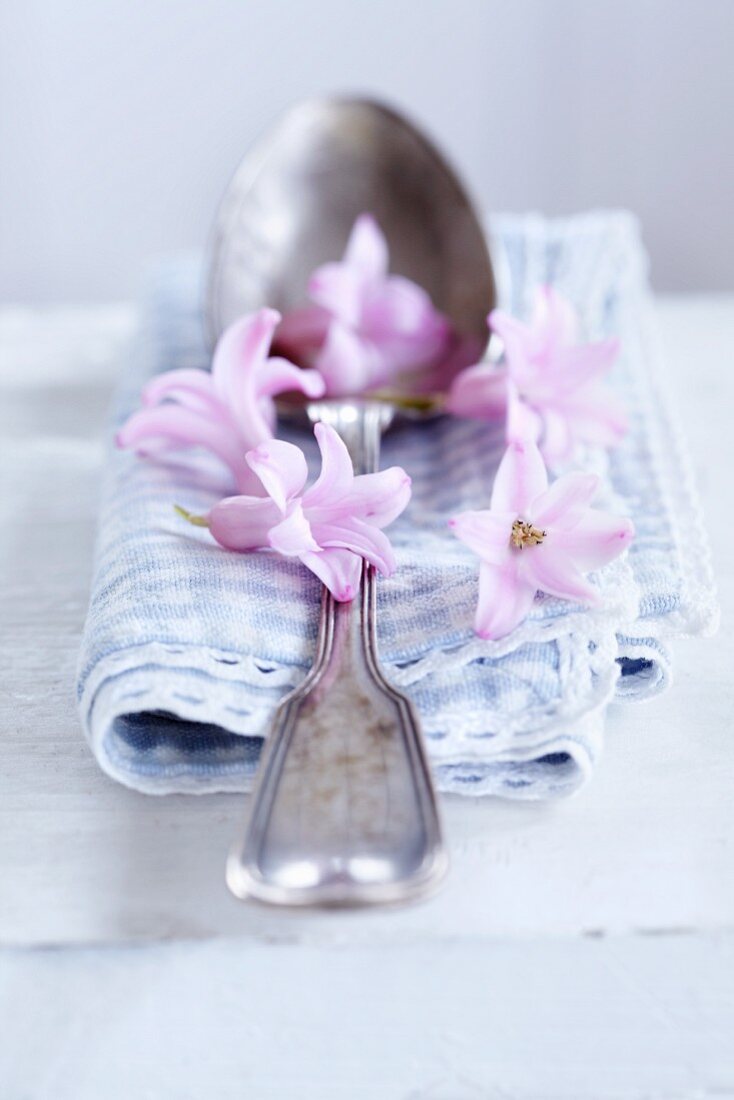 Vintage Löffel aund abgezupften Blüten einer rosa Hyazinthe auf blau karierter Serviette