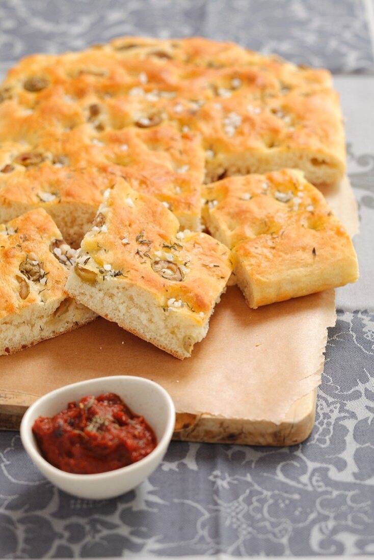Focaccia with olives and dried tomato pesto