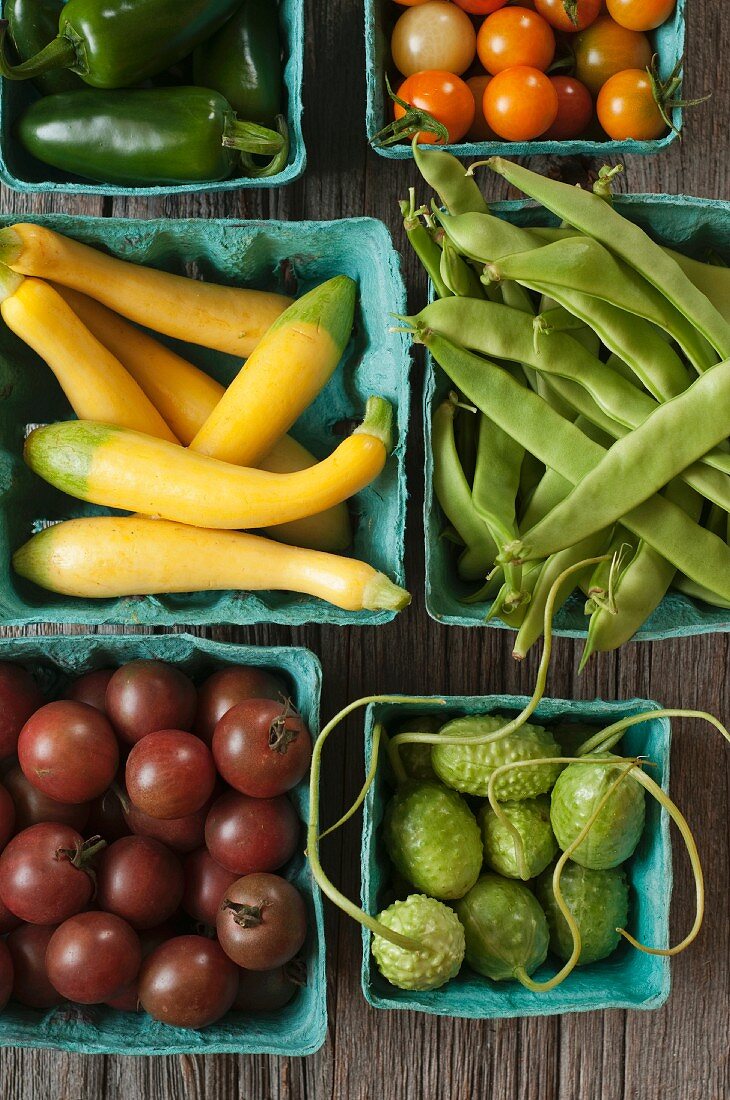 Fresh Vegetables in Green Cardboard Containers; From Above; Jalapenos, Cherry Tomatoes, Italian Broad Beans, Jamaican Burr Gherkins, Mini Summer Squash