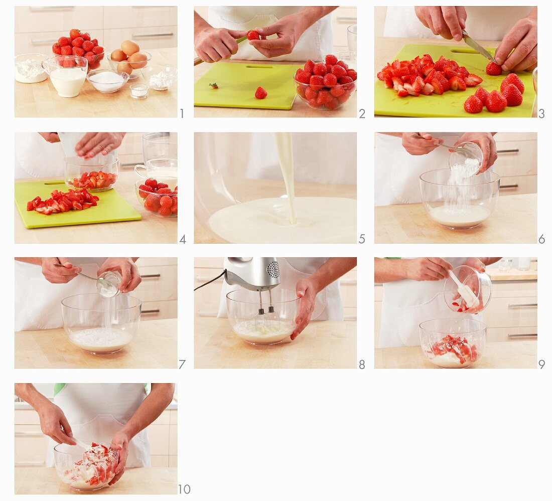 Strawberries with cream being prepared for a cake filling