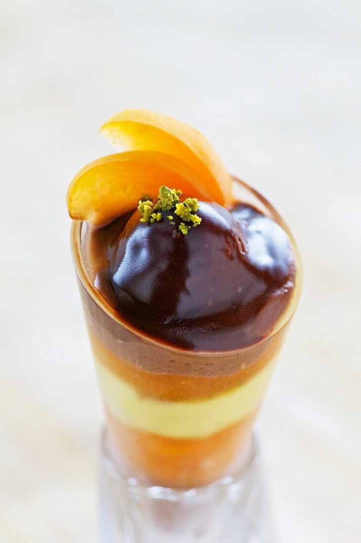 Chocolate dessert with vanilla creme and apricots