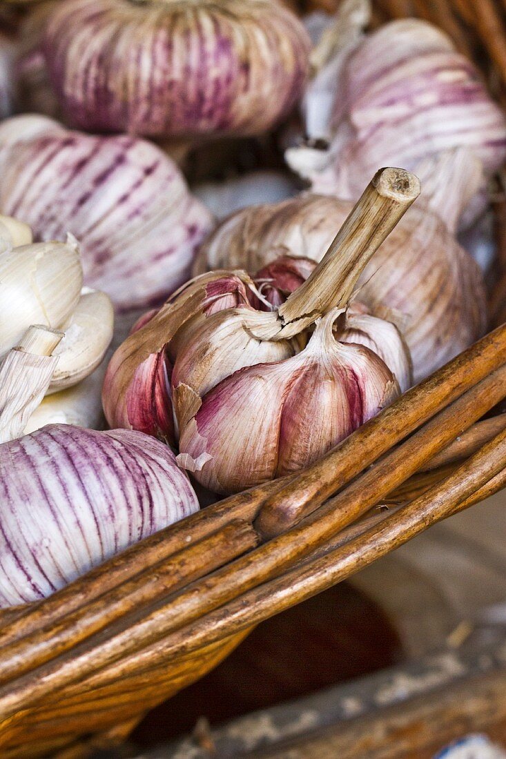 Garlic bulbs in a basket at a market (Funchal, Madeira, Portugal)