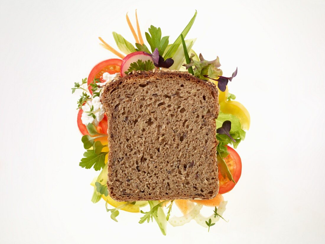 A slice of wholemeal bread on a bed of vegetables
