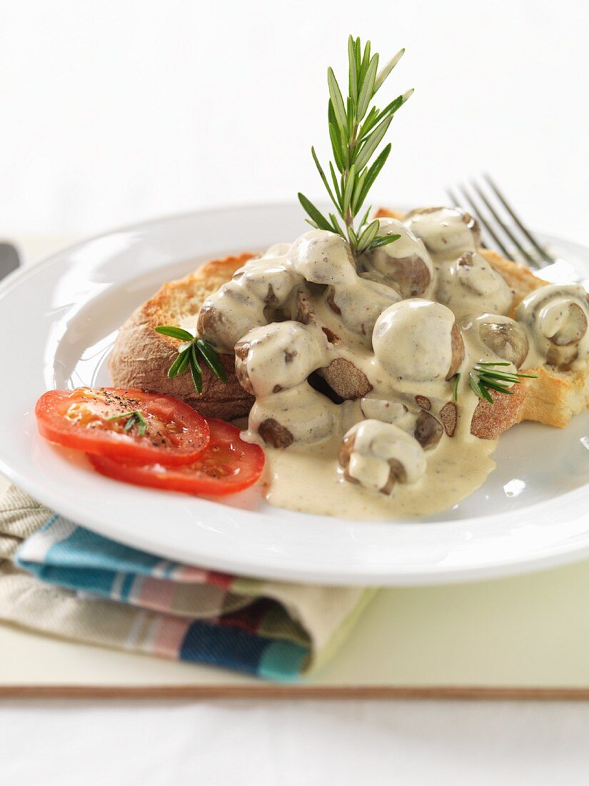 Toast topped with mushrooms and rosemary