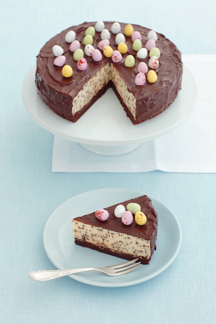 Cheesecake with chocolate chips, chocolate glaze and sugar eggs