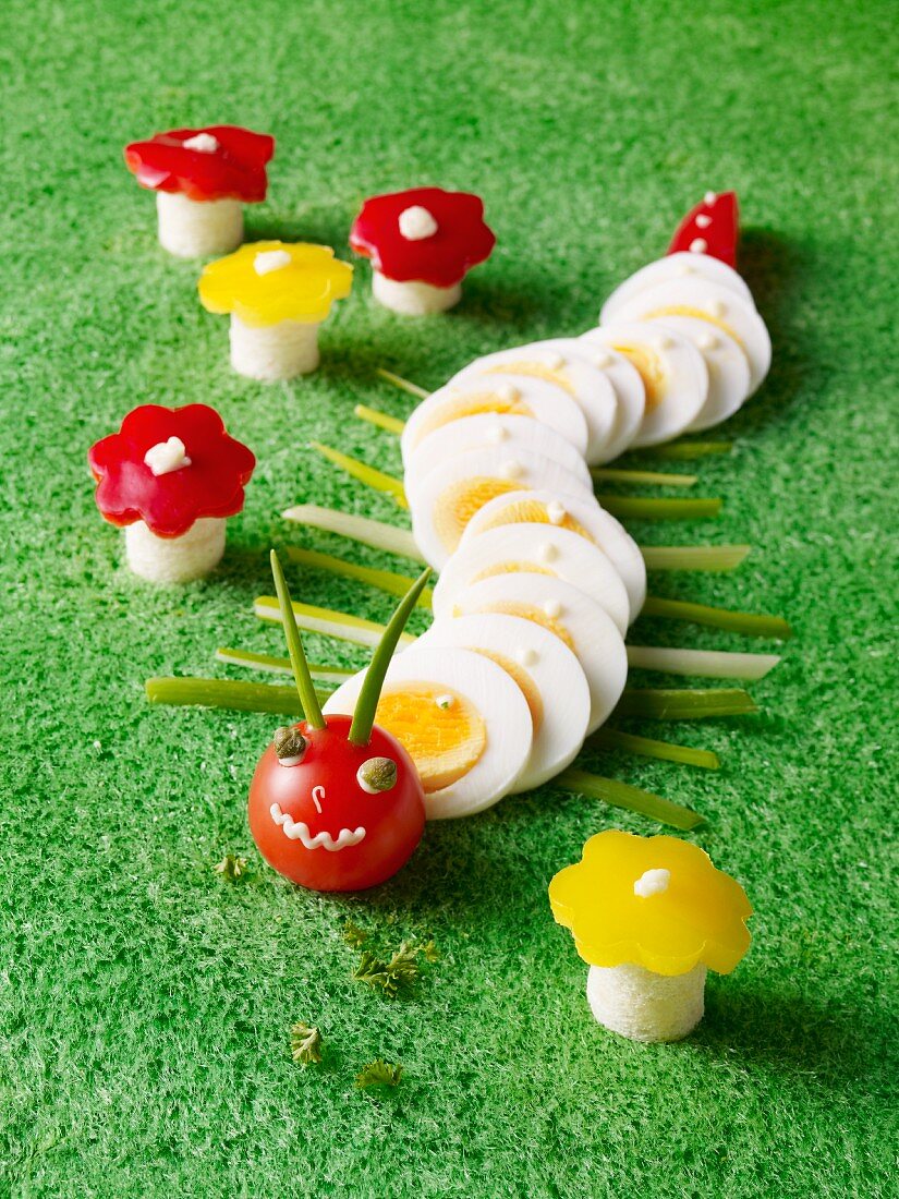 A caterpillar made of sliced egg