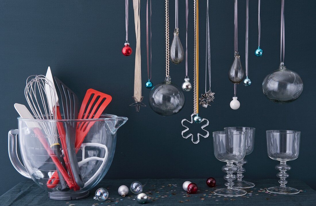Kitchen utensils, glasses and Christmas decorations