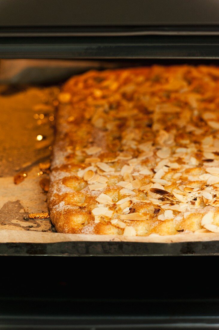 Butterkuchen auf Blech im Backofen