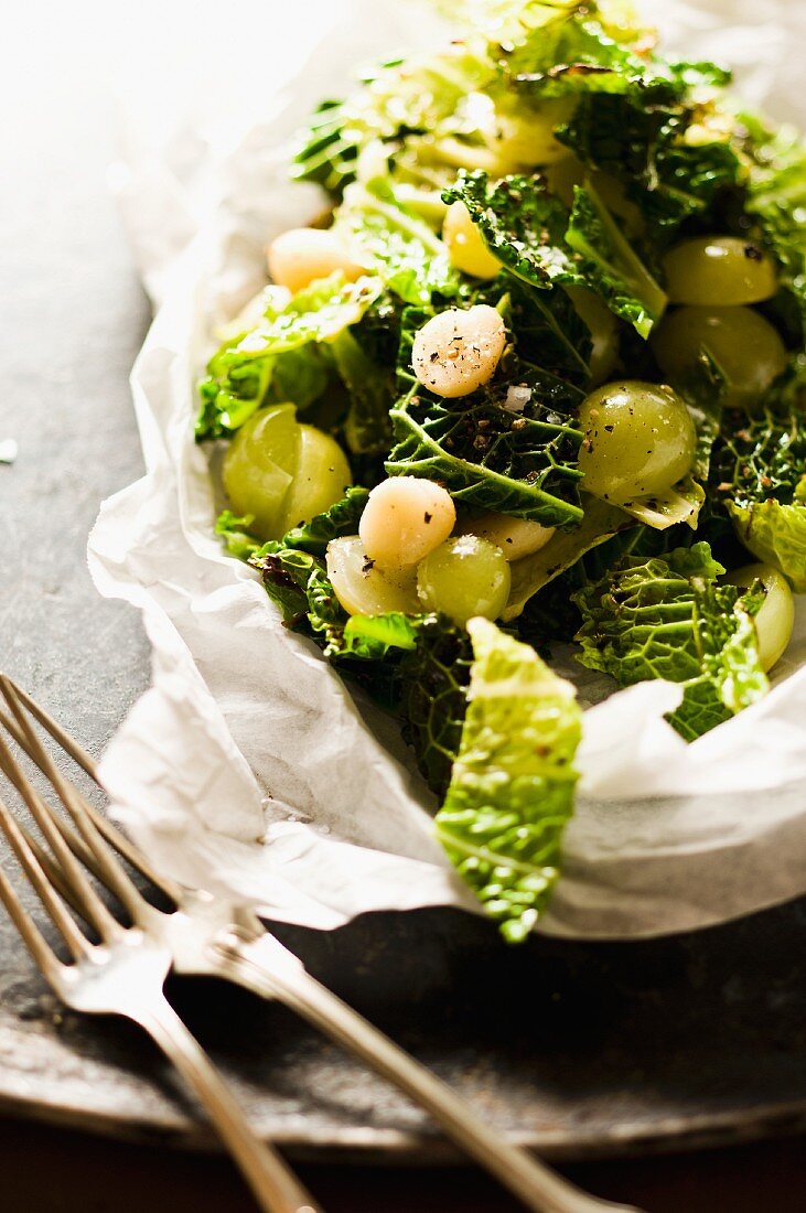 Fried Savoy cabbage with grapes