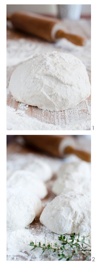 Bread dough with flour and a rolling pin