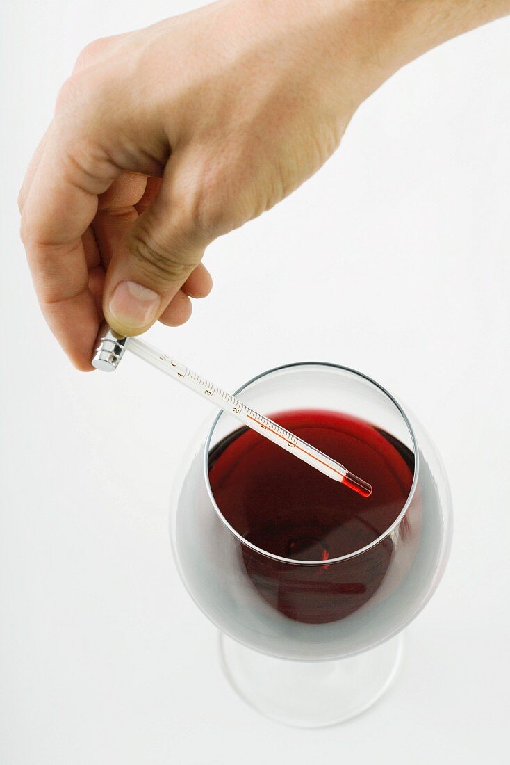 Hand hält Thermometer über einem Glas Rotwein