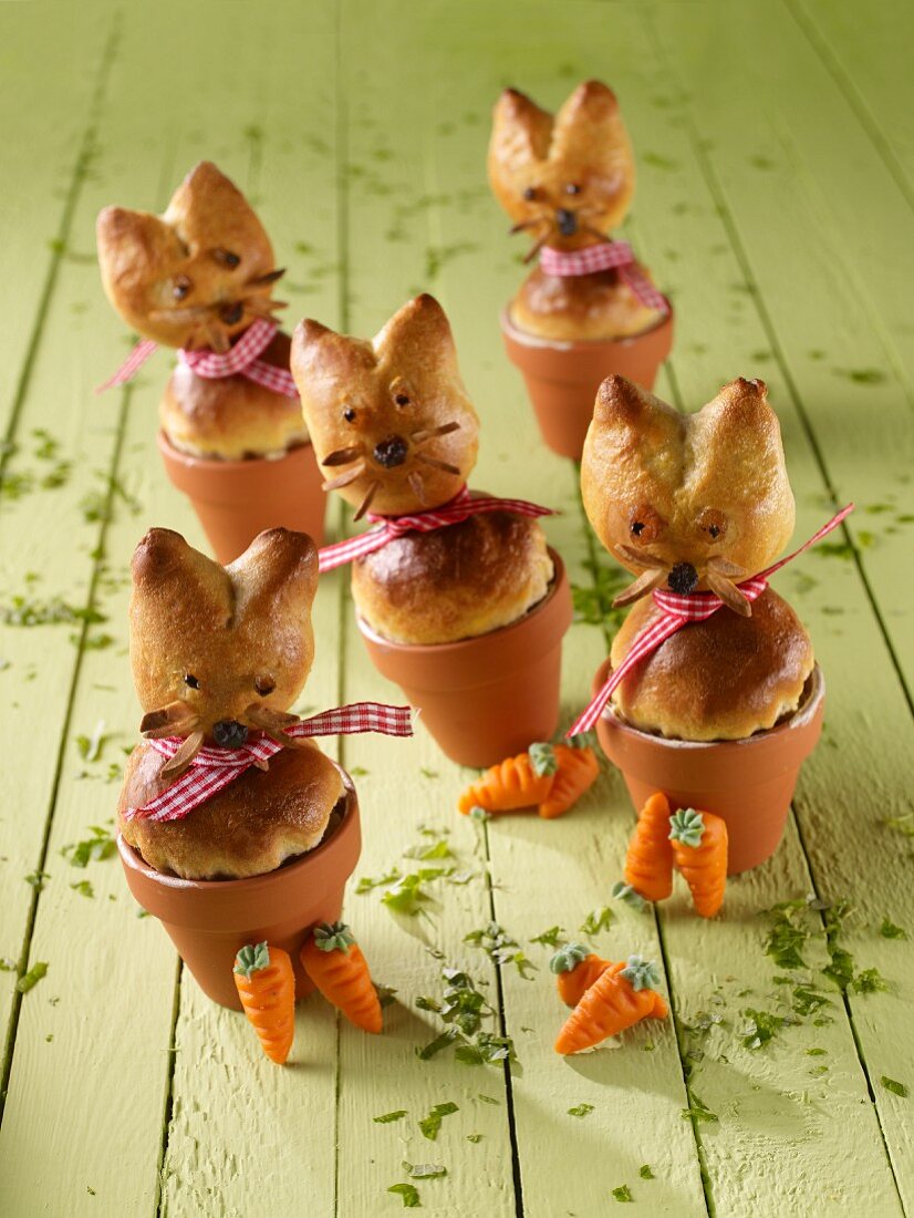 Yeast dough bunnies baked in mini flowerpots