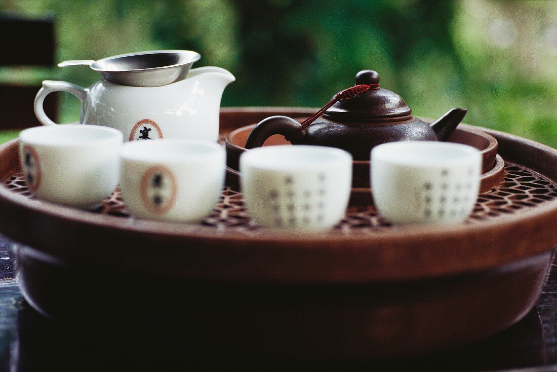 Chinese tea set on tea tray