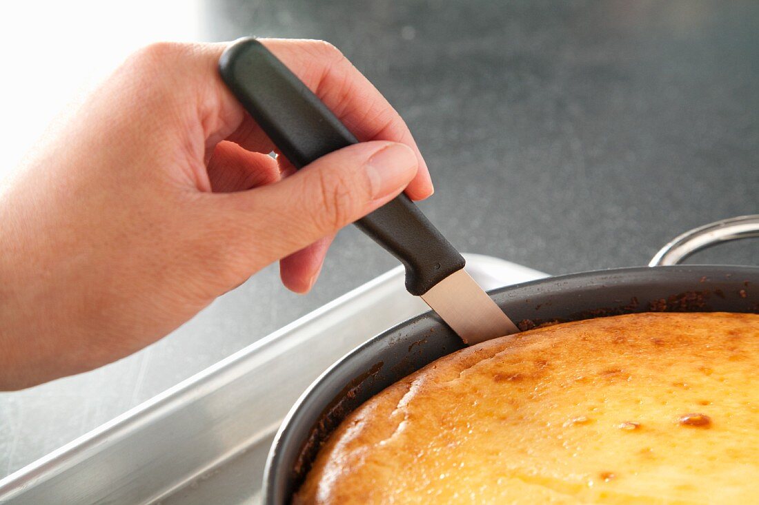 Using a Paring Knife to Separate Cheesecake from Pan