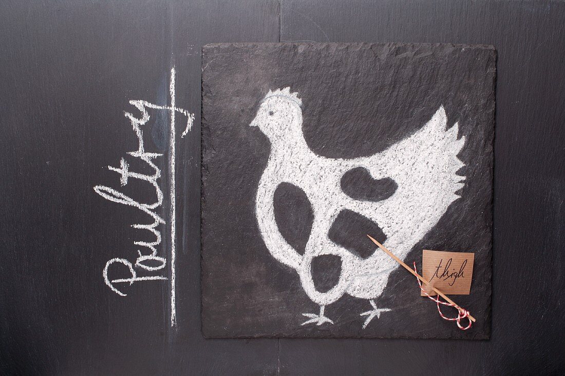 A sketch of a chicken and an English label on a chalkboard