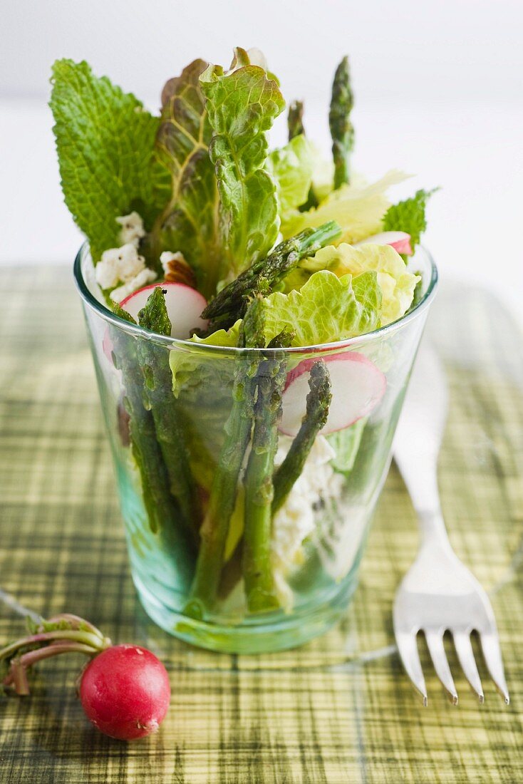 Mixed leaf salad with asparagus, ricotta and radishes