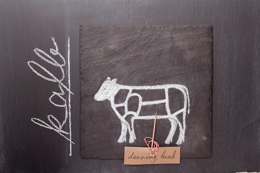 A sketch of a calf and a written label on a chalkboard