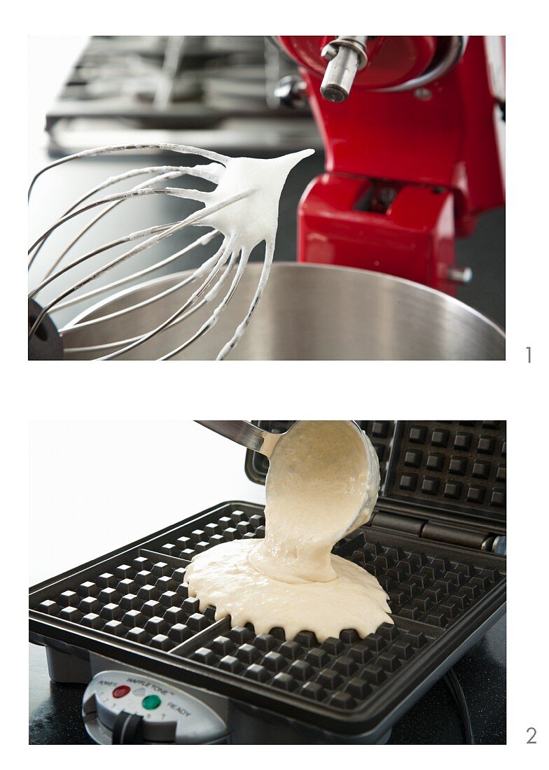 Whipped Egg Whites on Electric Mixer for Waffle Batter; Pouring Waffle Batter into a Waffle Iron