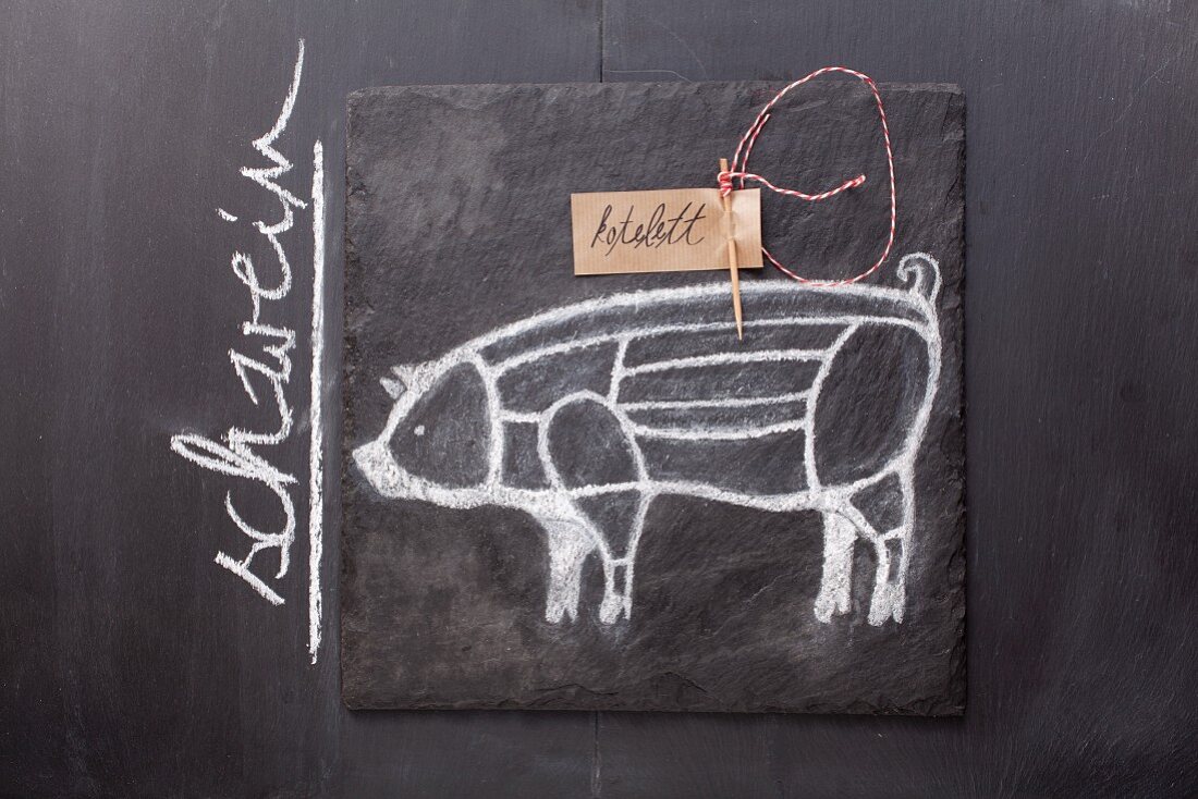 Gezeichnetes Schwein und Etikett mit Bezeichnung auf einer Schiefertafel