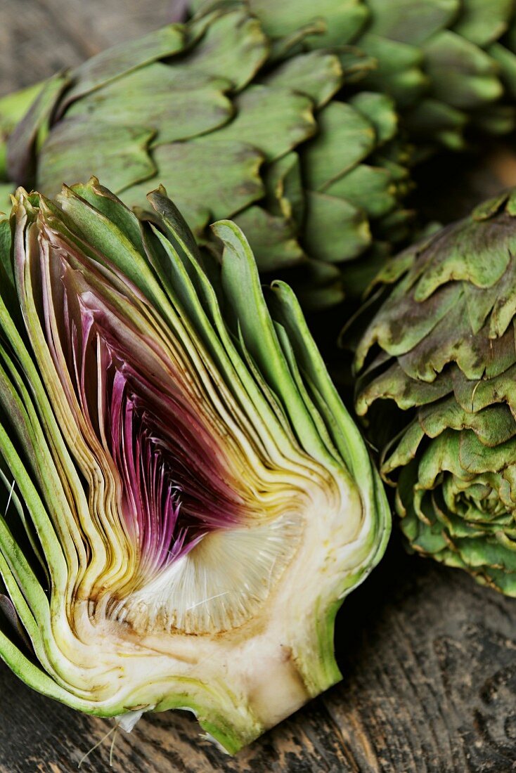 Artichokes, whole and halved