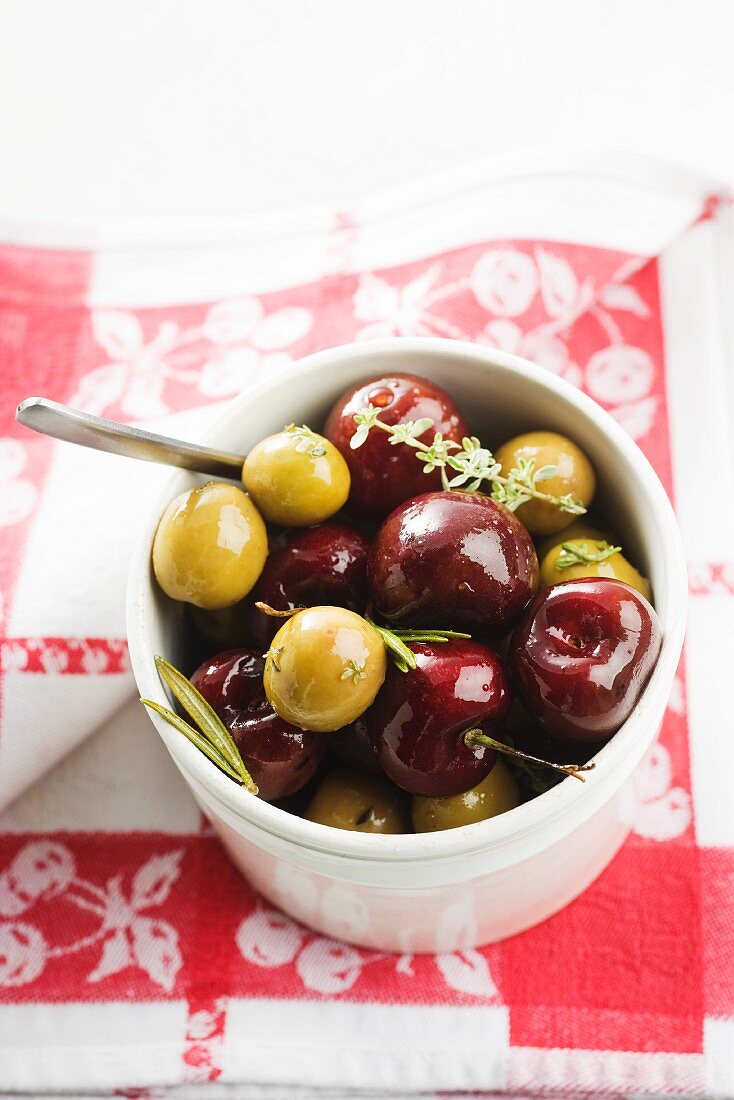 Marinated olives with cherries