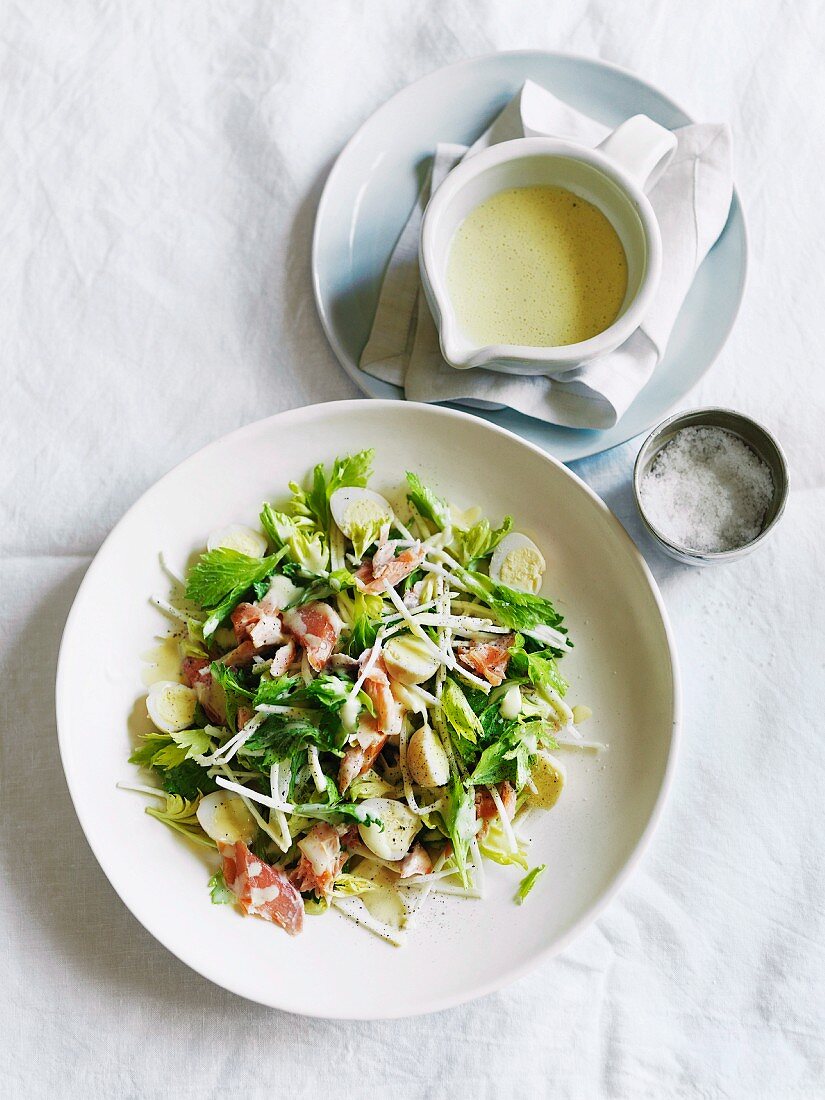 Pickled quail's eggs, smoked trout and celeriac salad