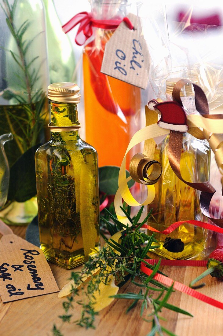 Home-made aromatic oils in bottles as gifts