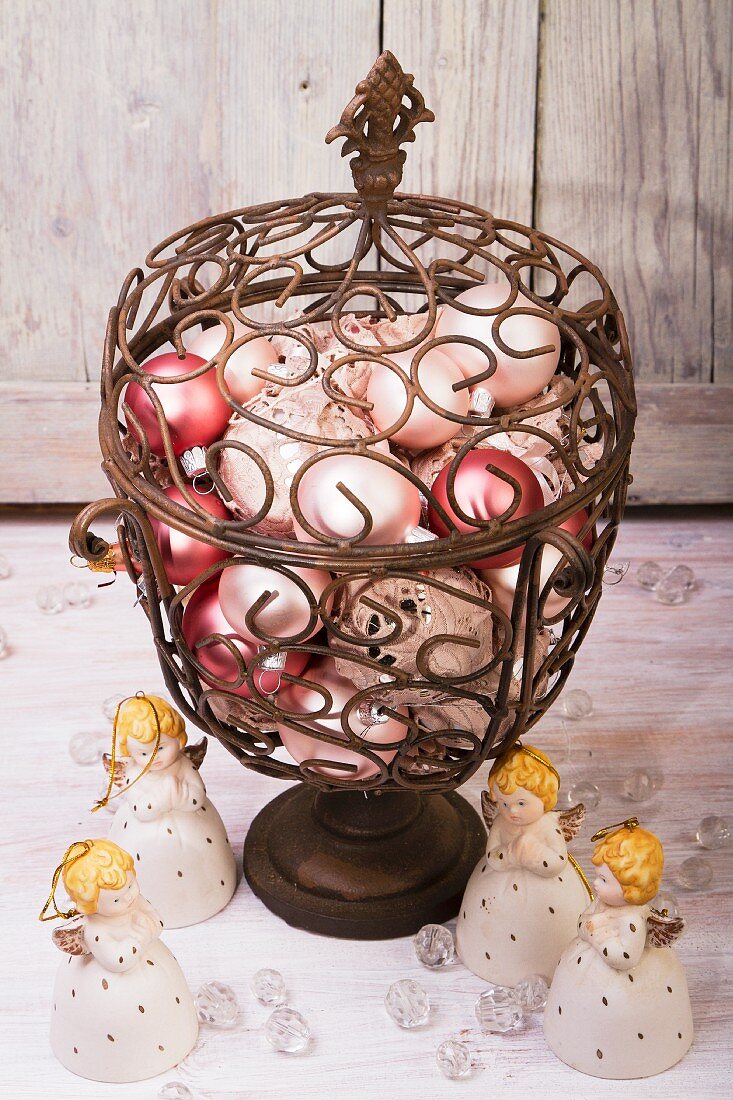 Christmas tree baubles in metal basket